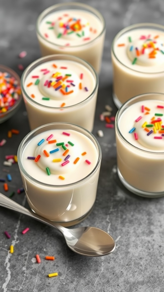 Vanilla pudding cups topped with colorful sprinkles