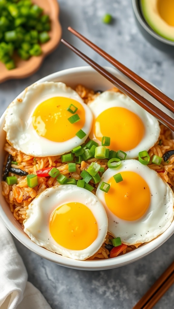 A bowl of vegetable fried rice topped with three sunny-side-up eggs and green onions.