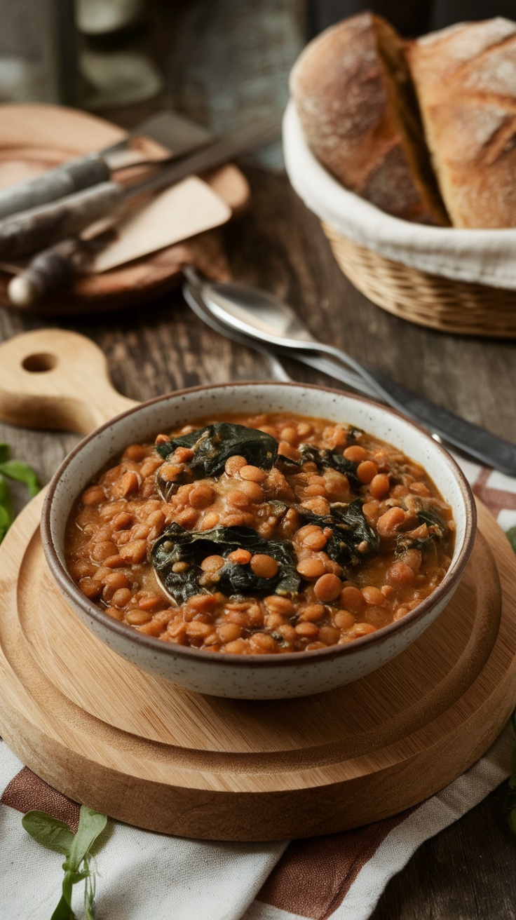 A bowl of vegetarian lentil stew with spinach, served on a wooden board with a side of bread.