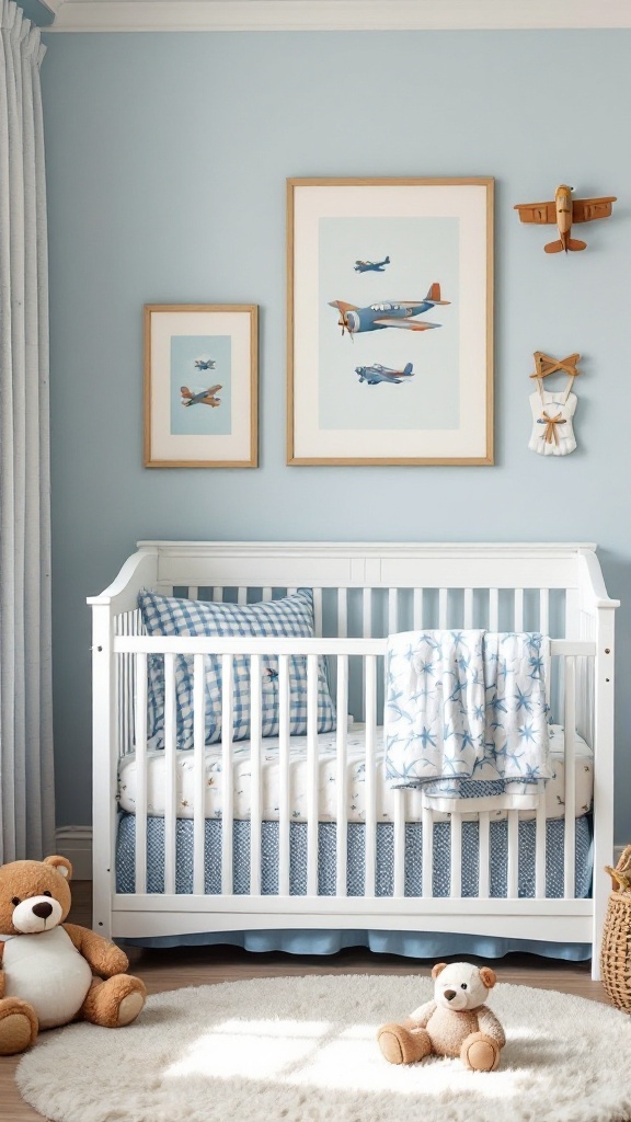 A nursery featuring vintage airplane decor with a crib and teddy bears.