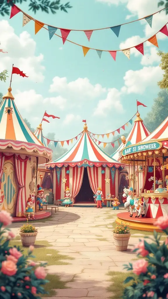 A vibrant vintage circus scene with striped tents, carnival games, and cheerful decorations.