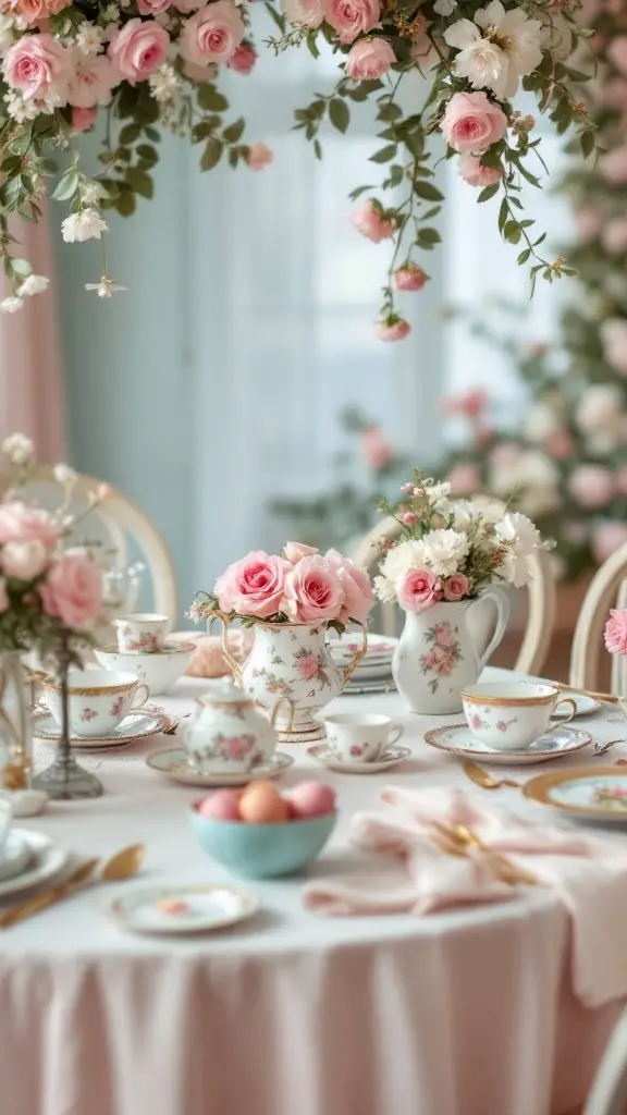 A beautifully set vintage tea party table, adorned with fine china and pink roses.