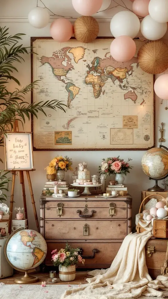 Vintage travel-themed baby shower setup with old maps, suitcases, and globes.