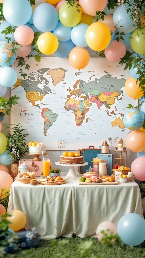 A beautifully decorated table with a world map backdrop, pastel balloons, and a selection of treats for a travel-themed baby shower.