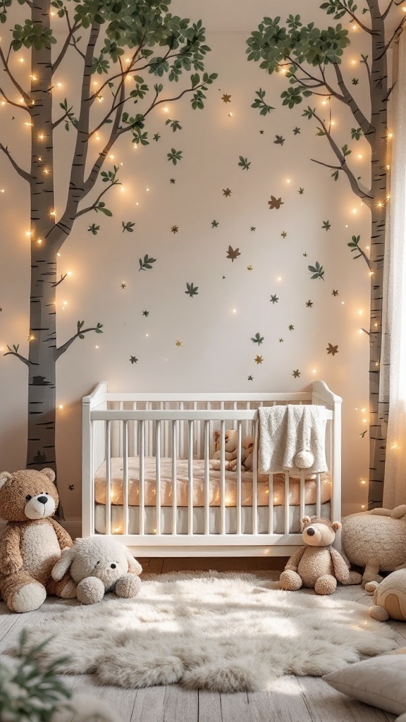 A cozy nursery with a forest theme featuring a crib, plush toys, and fairy lights.