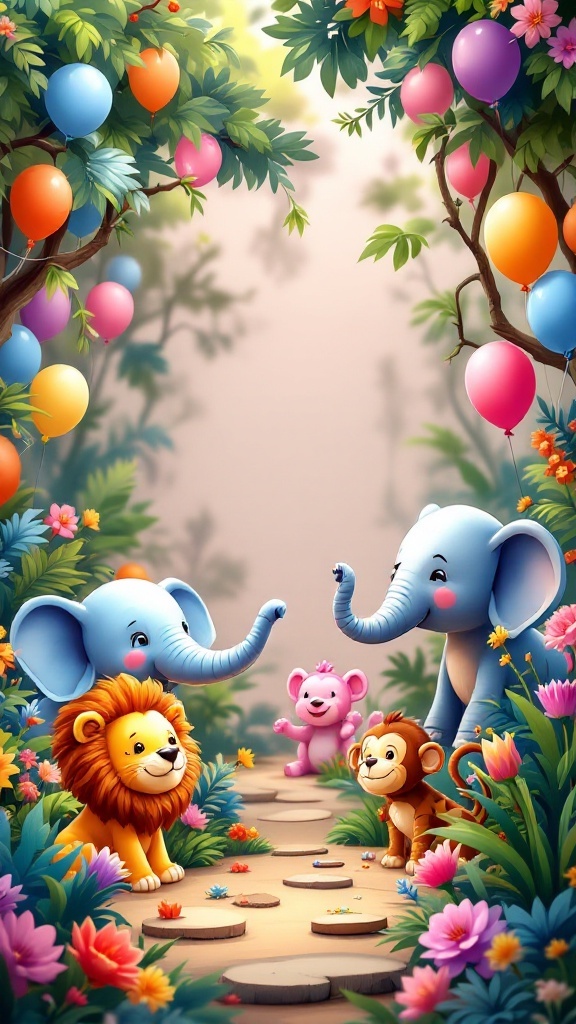 A colorful jungle scene with cartoon animals like elephants, a lion, a monkey, and a bear, decorated with balloons and flowers.