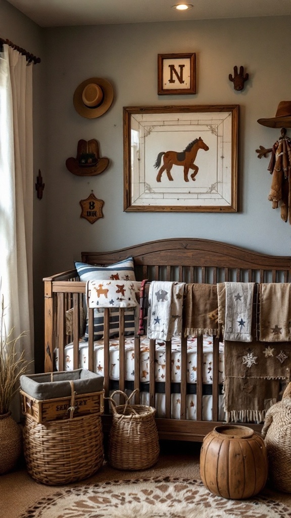 A cozy Wild West themed nursery featuring rustic decor and a crib with cowboy-themed bedding.