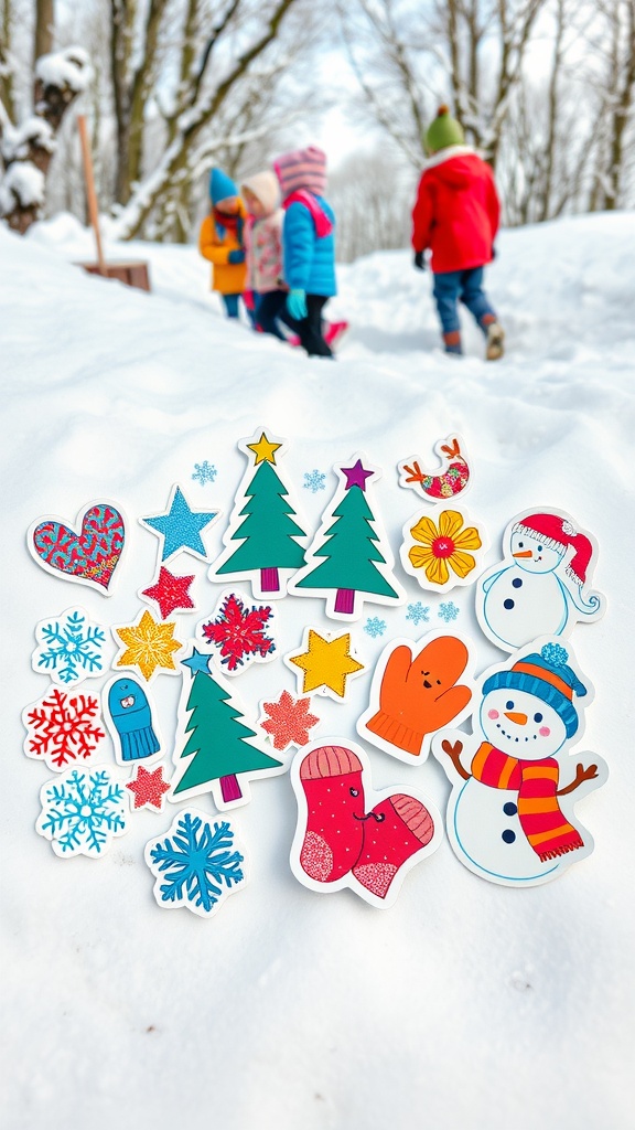 A variety of winter-themed stickers displayed in front of kids playing in the snow.