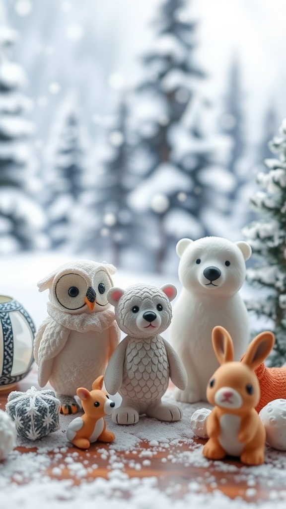 A collection of winter animal figurines including a bear, owl, rabbit, and fox on a snowy background.