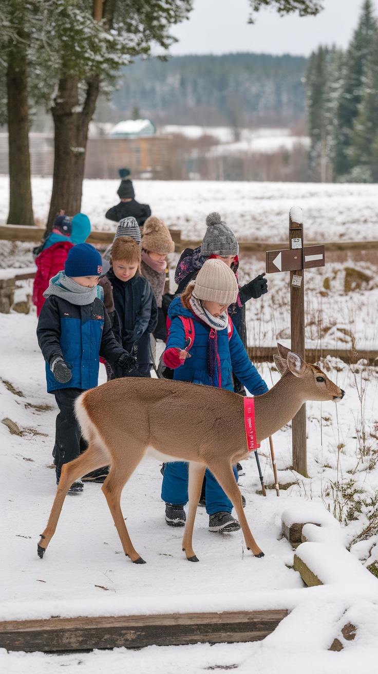 Children walking on a snowy path with a deer nearby.