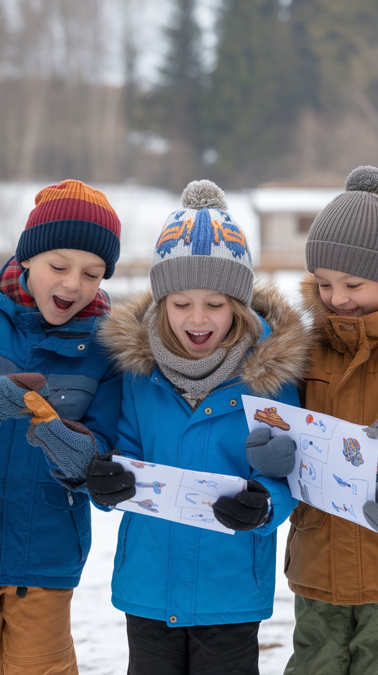 Three children excitedly looking at scavenger hunt lists in the snow