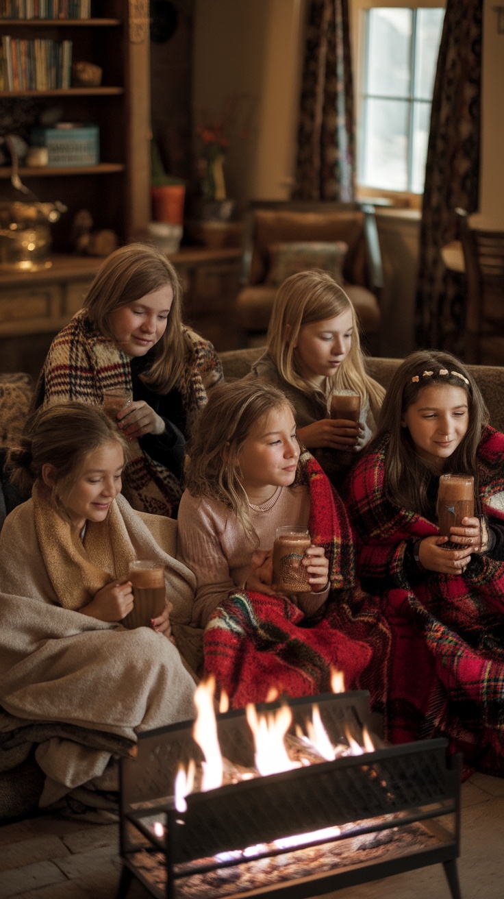 Children sitting together under blankets, enjoying hot drinks by a fireplace.