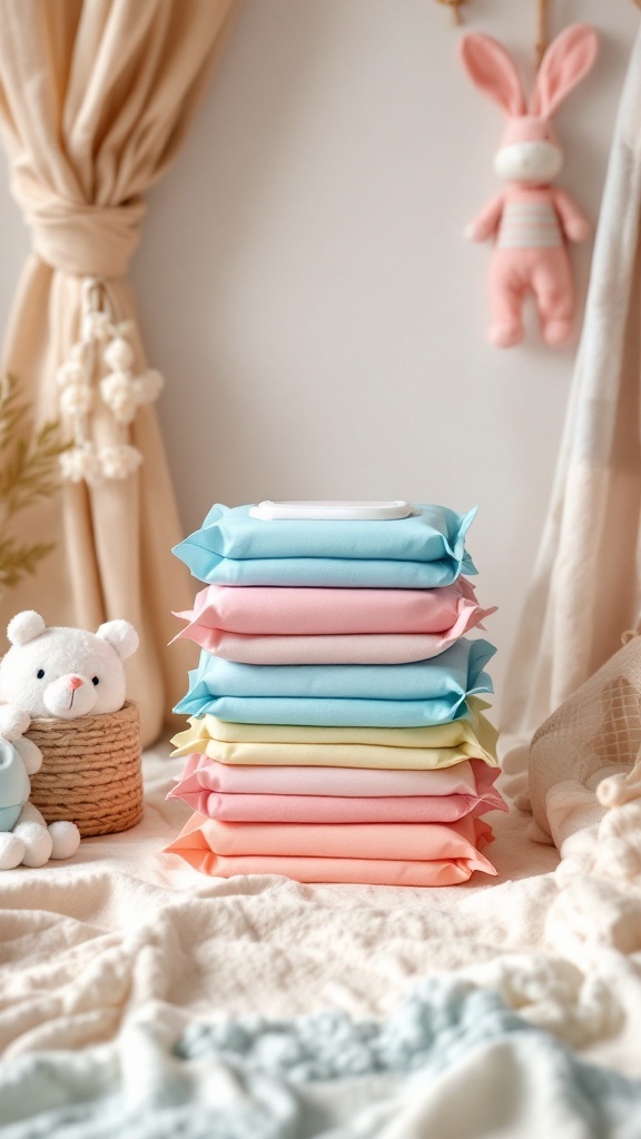 A stack of colorful baby wipes with a stuffed bear and a pink bunny hanging nearby.