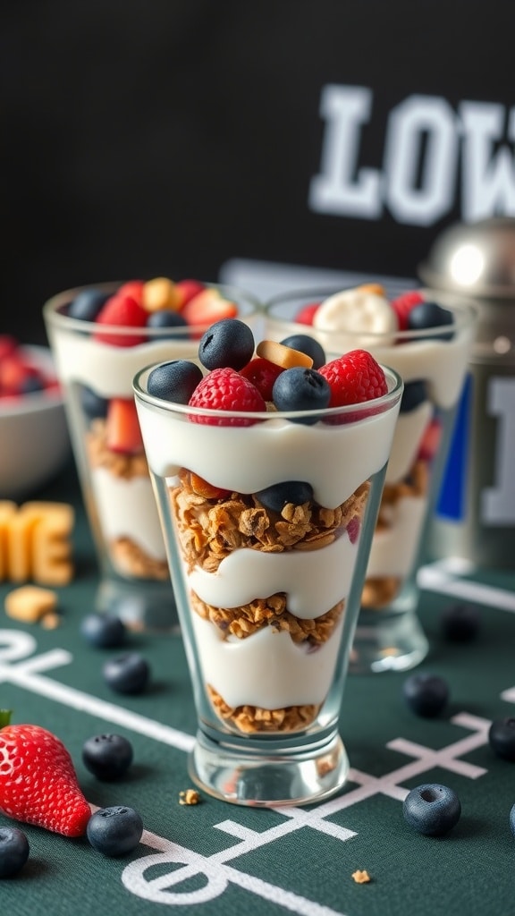 Yogurt parfaits with layers of yogurt, granola, and mixed berries on a football-themed table.