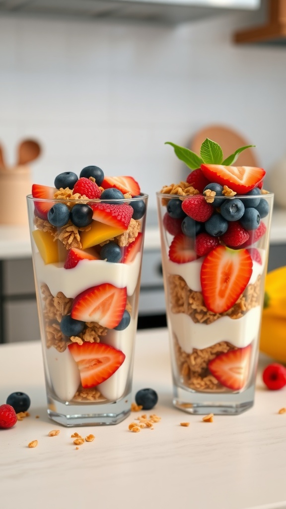 Two yogurt parfaits with granola and fresh fruit in clear glasses.