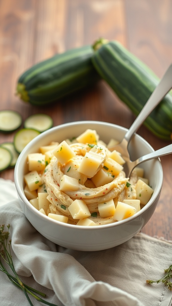 A bowl of zucchini and potato mash with chopped zucchini in the background.