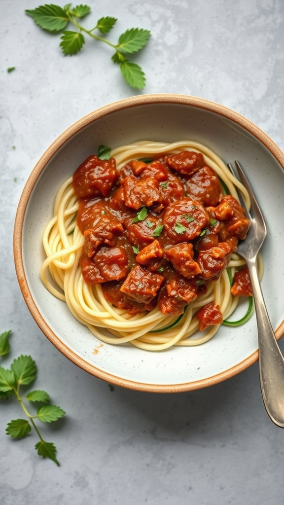 Bowl of zucchini noodles topped with meat sauce and garnished with herbs.