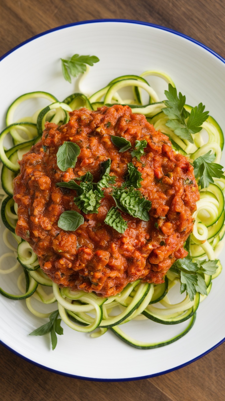 A serving of zucchini noodles topped with turkey Bolognese sauce and garnished with herbs.