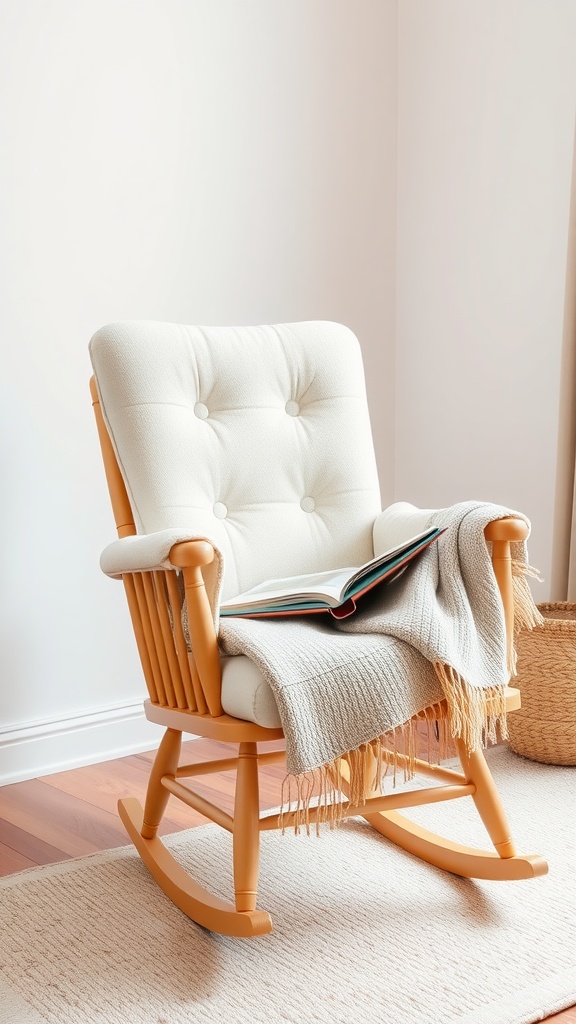 A comfortable, light-colored rocking chair with a throw blanket and a book on it, placed in a bright nursery.