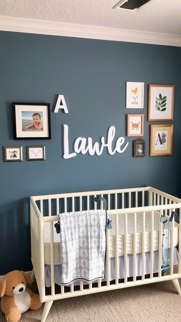 A cozy baby room featuring a crib, framed pictures, and personalized wall decor.