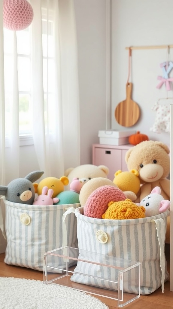 Two striped fabric bins filled with colorful stuffed animals in a bright nursery.