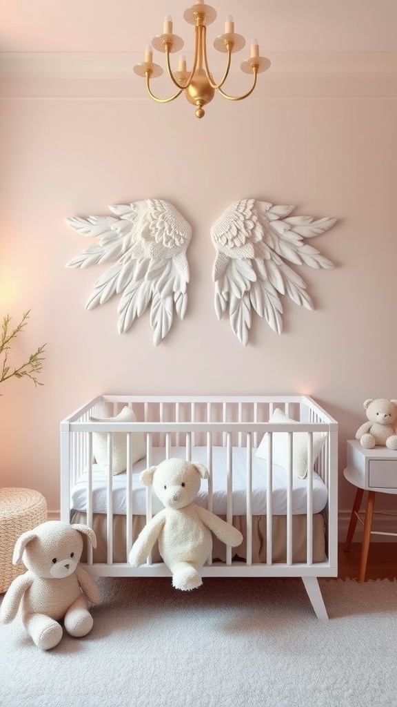 A cozy nursery featuring angel wings decor above a crib with teddy bears.