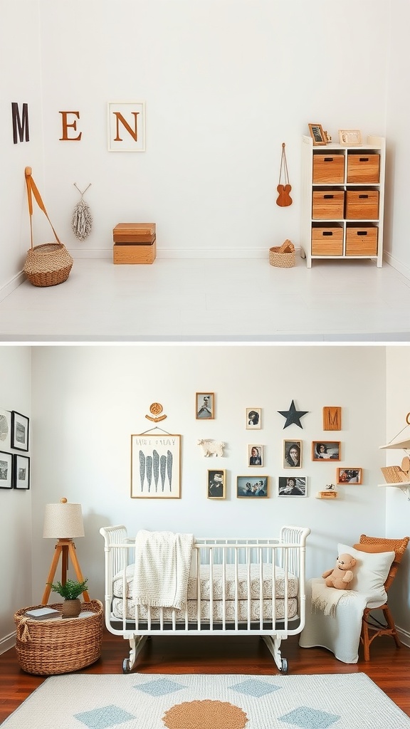 A nursery with a crib, toys, and wall decor.