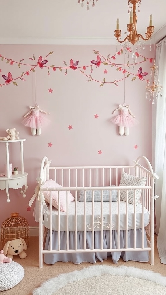 A beautifully decorated nursery with ballerina decor, featuring pink walls, a crib with a skirt, and ballet doll decorations.