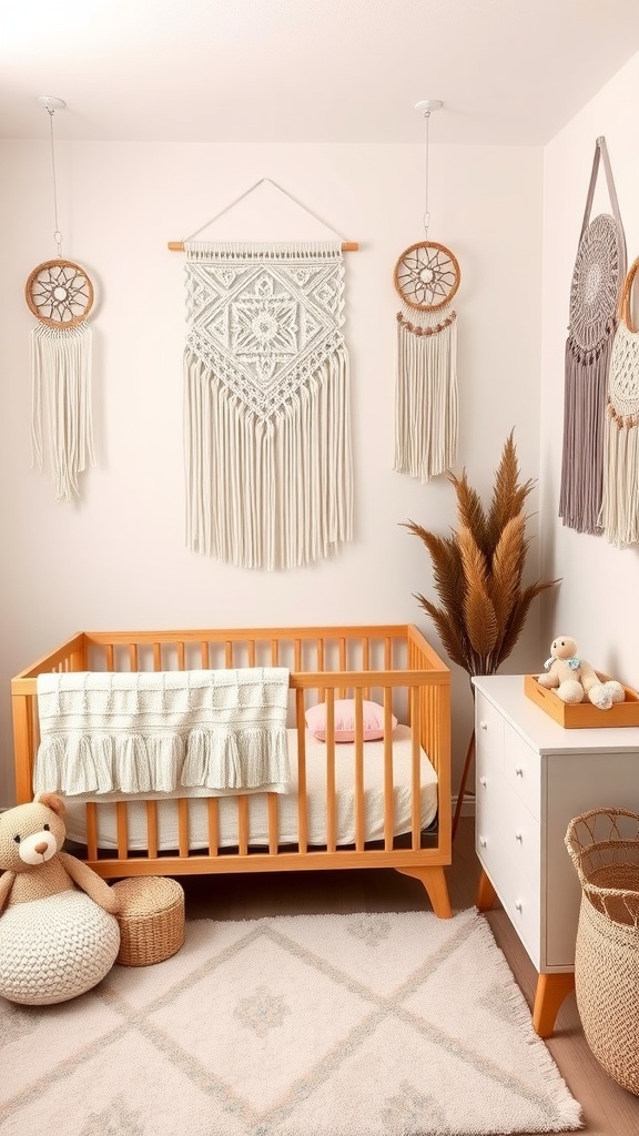 A cozy boho chic nursery featuring a wooden crib, macramé wall hangings, and soft textures.