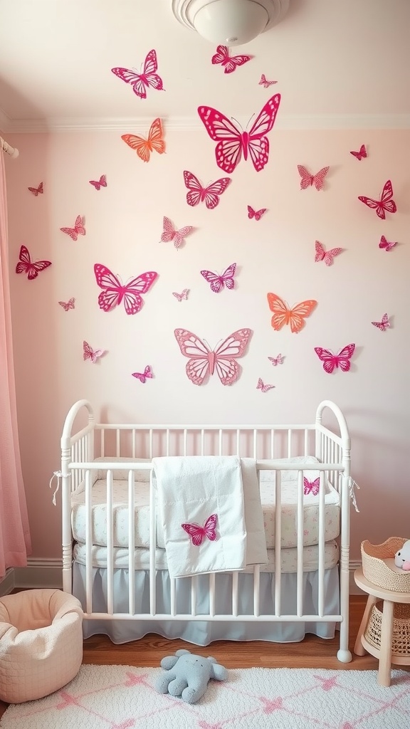 A nursery decorated with pink butterflies on the walls and a white crib.