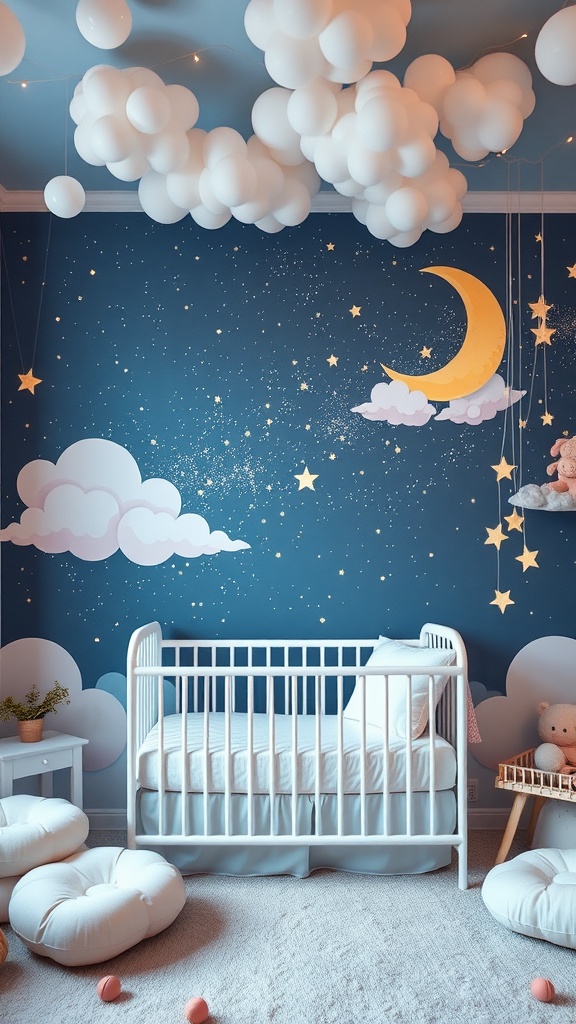 A nursery with a celestial theme featuring blue walls, clouds, a crescent moon, and a white crib.