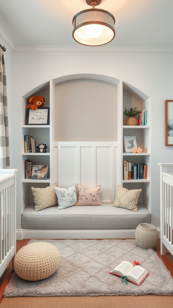 Nursery book nook with built-in storage, cushions, and a cozy rug