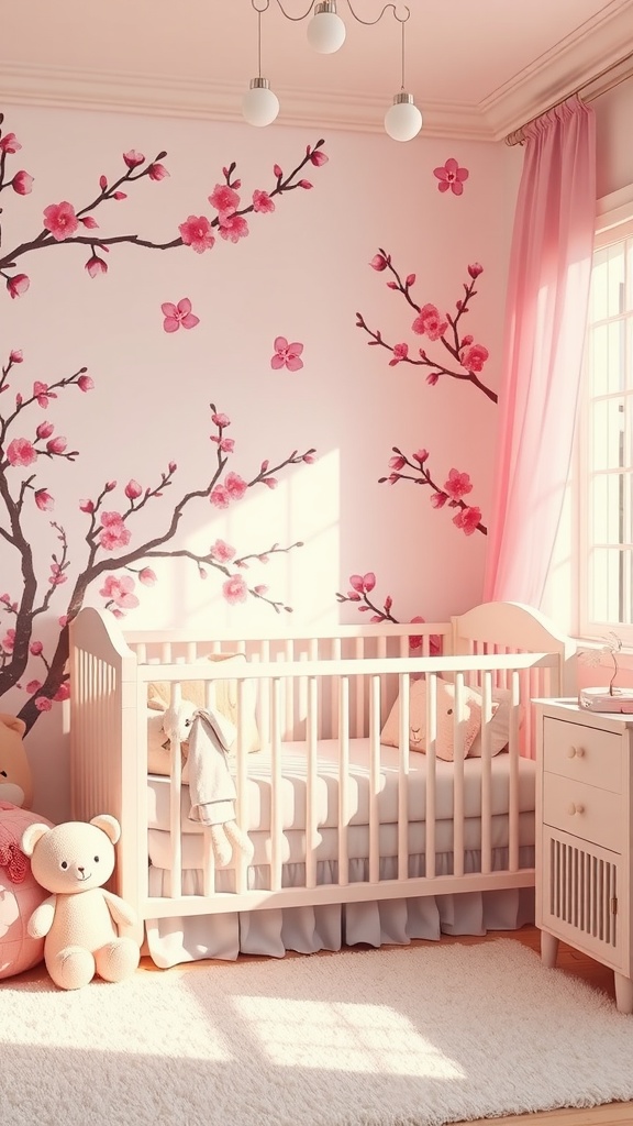 A beautifully designed nursery with cherry blossom wall art, a crib, and soft toys, creating a serene space for a baby girl.