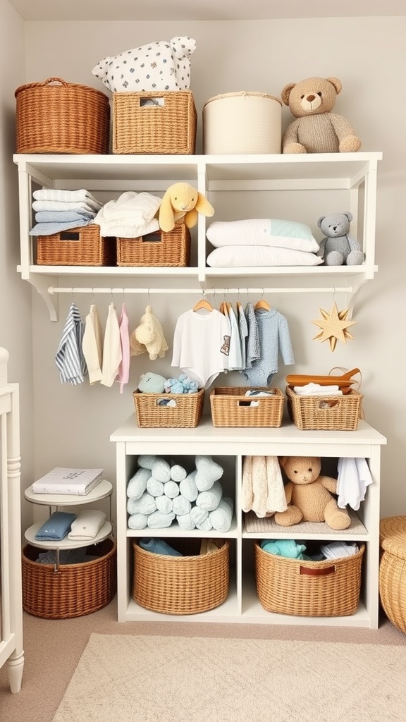 A well-organized baby room with shelves and baskets for storage.