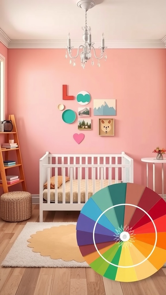 A bright and playful nursery with a pink wall and a color wheel overlay.