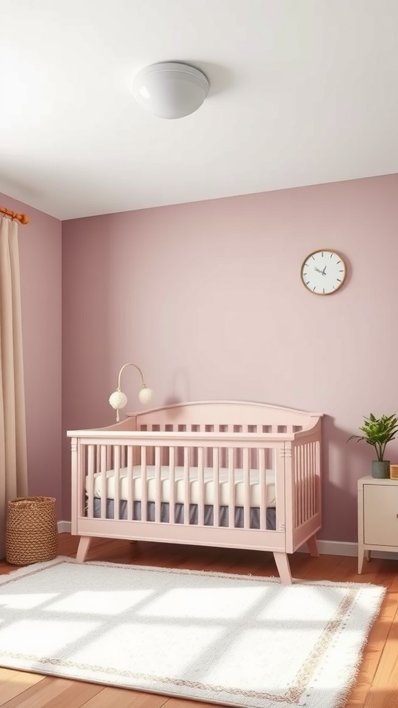 A cozy nursery featuring a crib, soft rug, and pastel pink walls.