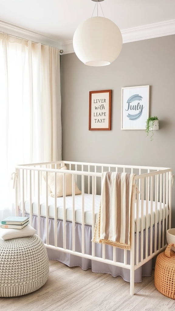 A stylish nursery with a white crib, soft bedding, and decorative elements.