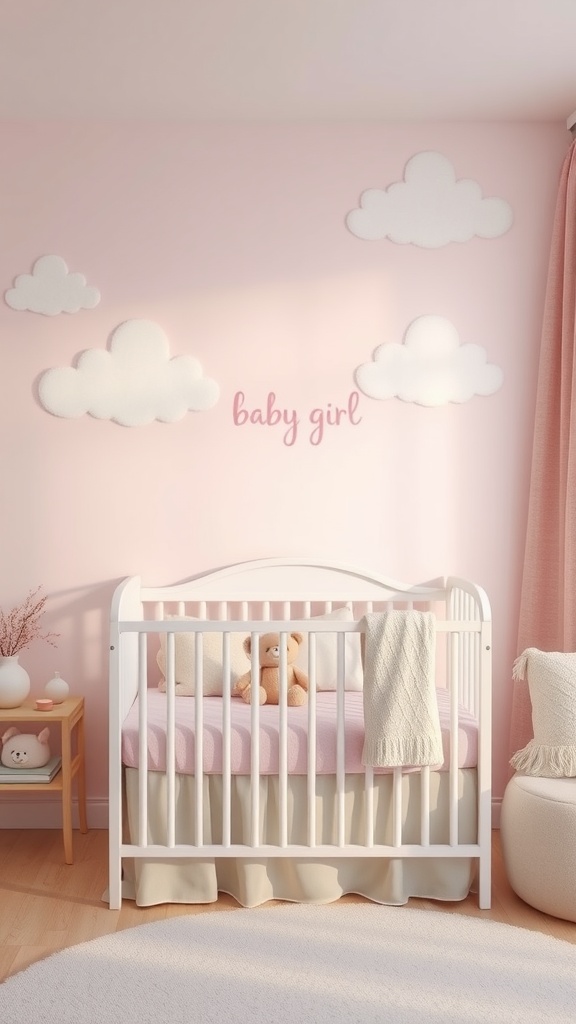 A nursery for baby girls with pink walls, cloud decorations, and a cozy crib.