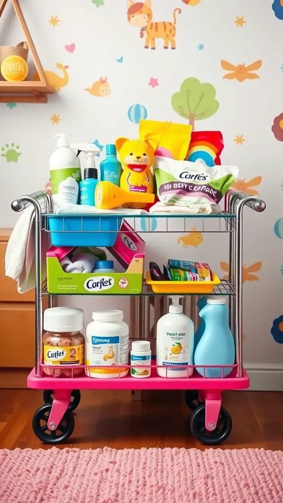 A colorful storage cart filled with baby supplies in a nursery setting.