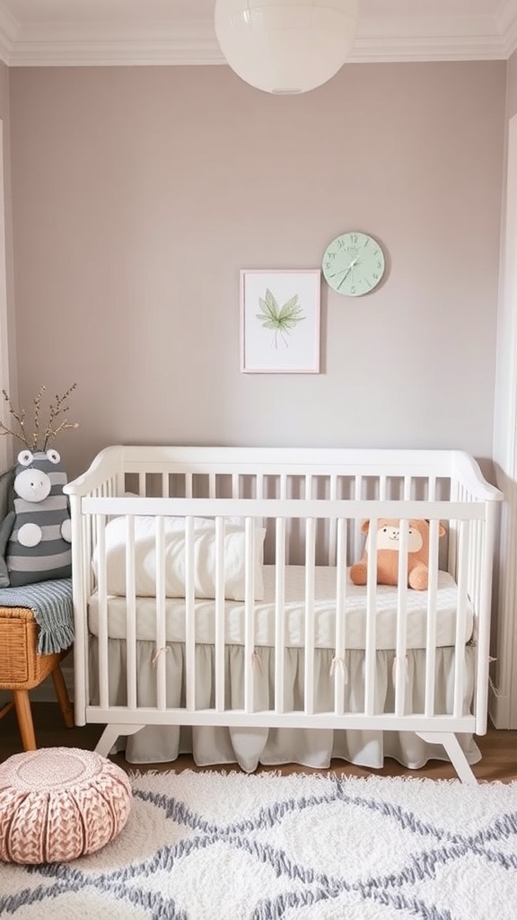 A cozy nursery featuring a comfortable crib with safe bedding and soft decor elements.