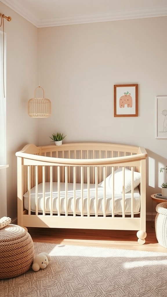 A stylish convertible crib in a bright nursery with natural light.