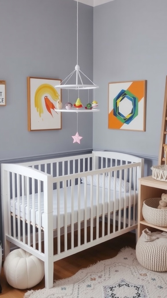 A small nursery featuring a corner crib, colorful wall art, and playful decor.