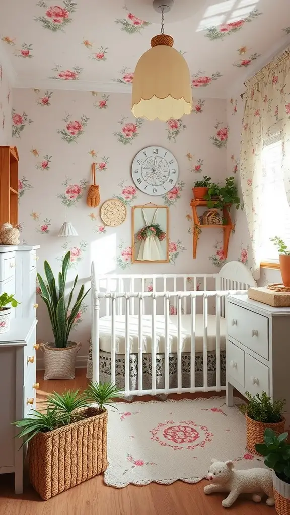 A cozy nursery for a baby girl featuring floral wallpaper, a white crib, and decorative plants.