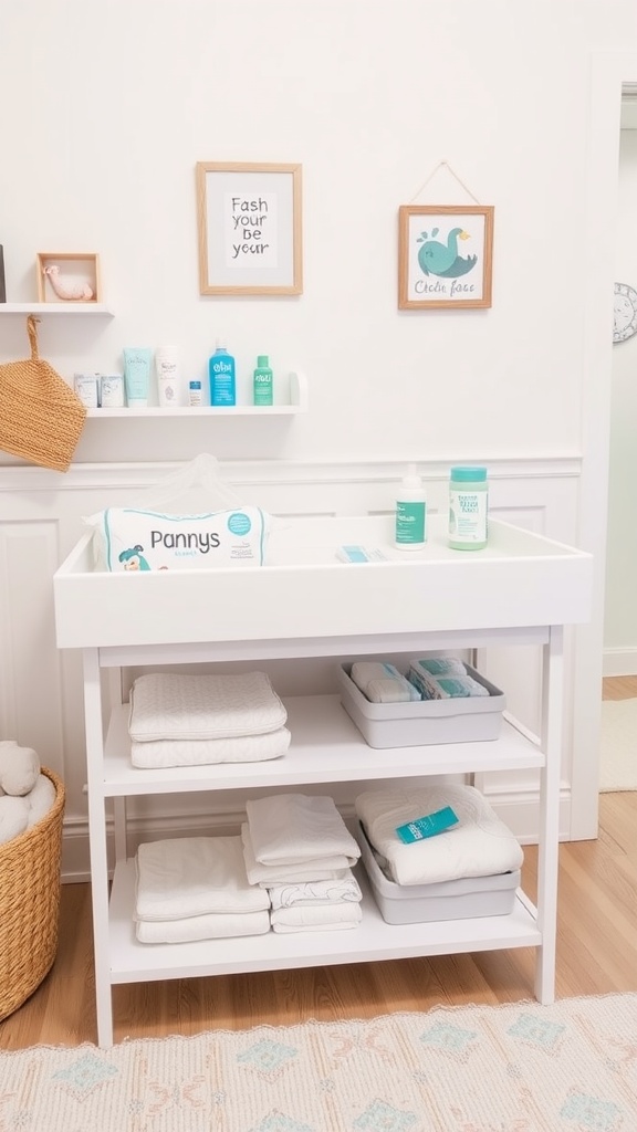 A clean and organized changing area with supplies neatly arranged on a white changing table.