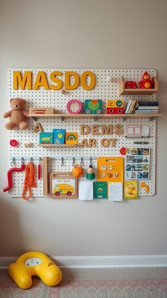 A colorful pegboard system with toys, books, and decor in a nursery.