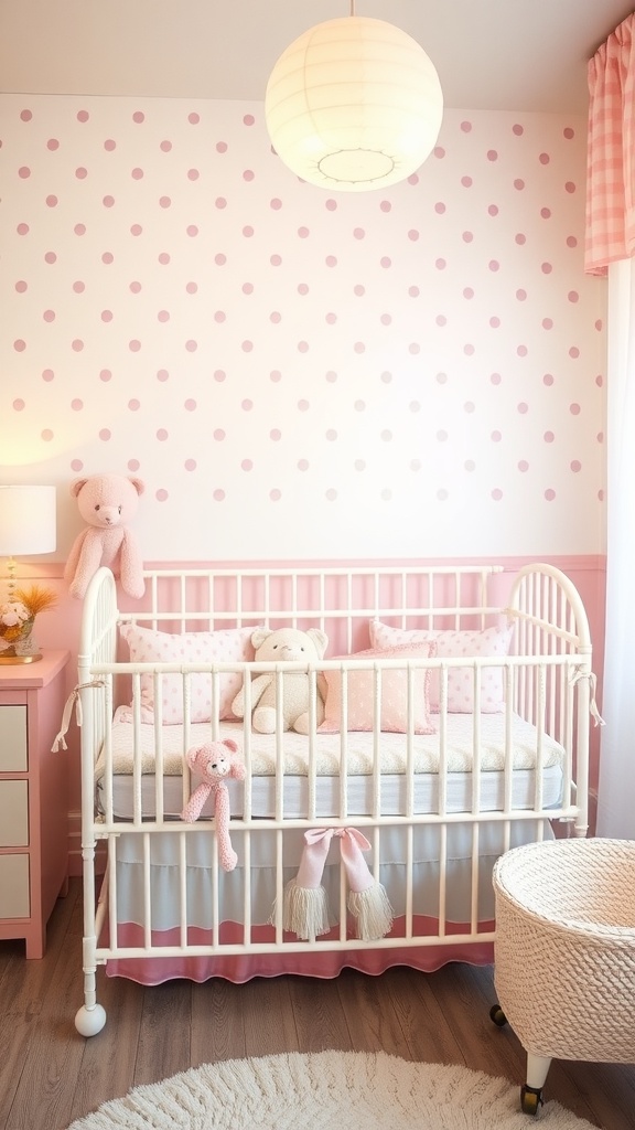 A nursery with pink polka dot wallpaper, a white crib, and soft toys.