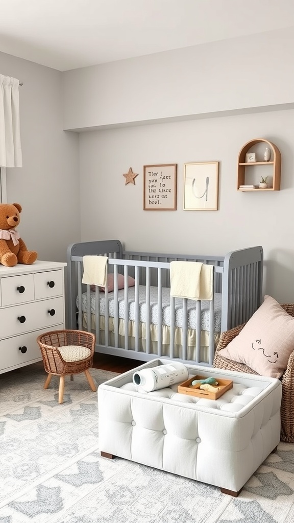 A cozy nursery featuring a gray crib, white storage ottoman, and a teddy bear.