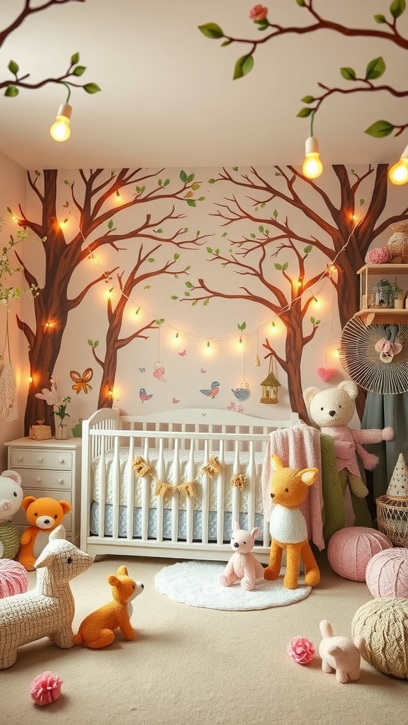 A cozy enchanted forest nursery featuring trees on the wall, soft lighting, and plush animal toys.