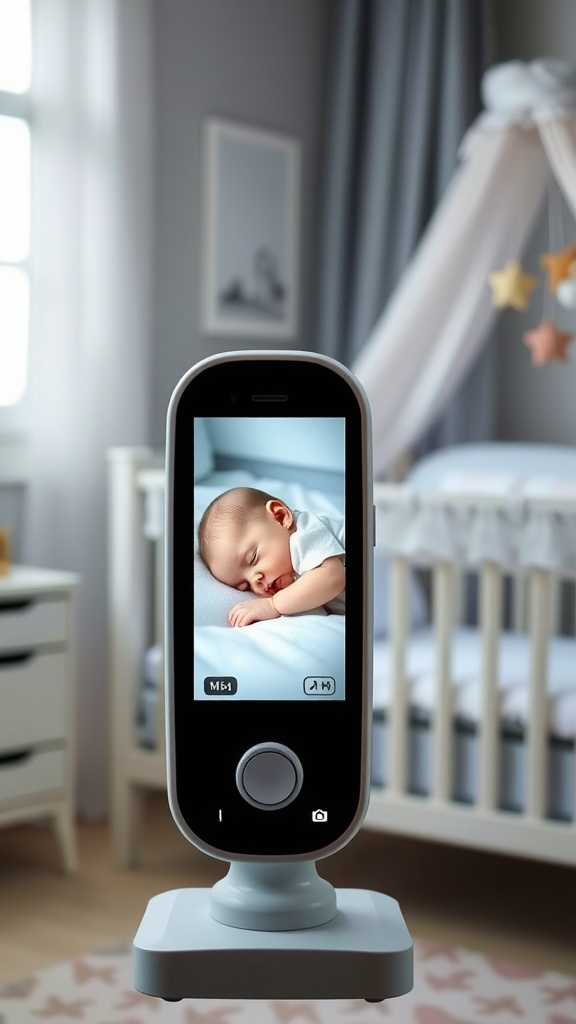 A baby monitor displaying a sleeping infant in a nursery.