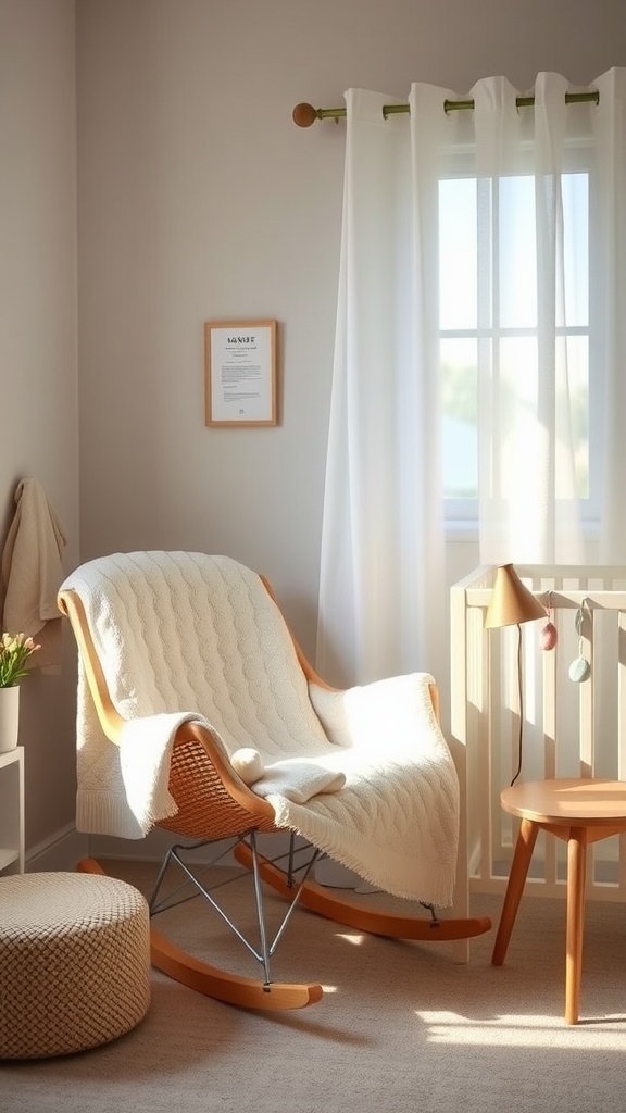 A cozy feeding area with a rocking chair, soft blanket, small table, and crib in a softly lit room.